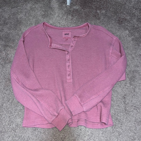 Aerie Dusty Pink Waffle Henley Long Sleeve Size Medium - Picture 2 of 3